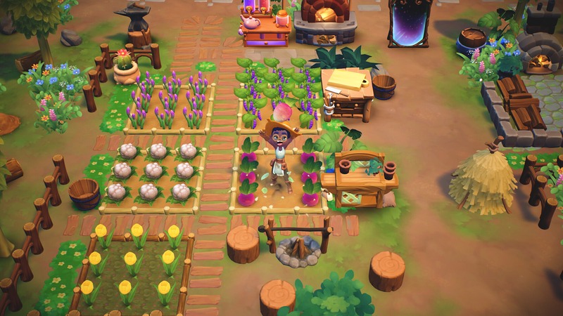 Um personagem cultivando plantas mágicas em uma fazenda encantada
