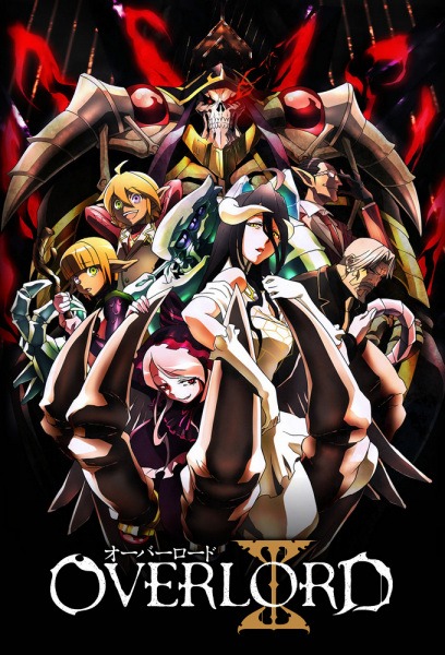 Ainz Ooal Gown sentado em seu trono com Albedo e Demiurge ao lado