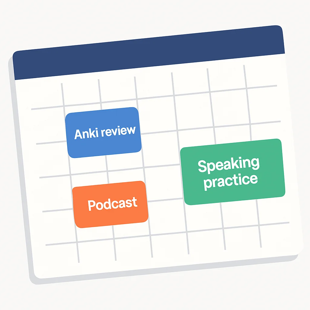 Um calendário ou planejador exibindo blocos de tempo para atividades de aprendizado de idiomas, como revisão de Anki, podcast e prática de conversação.