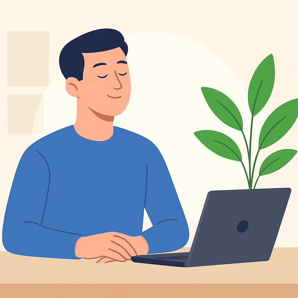 Um desenvolvedor fazendo uma pausa consciente, olhando da tela do laptop para uma planta
