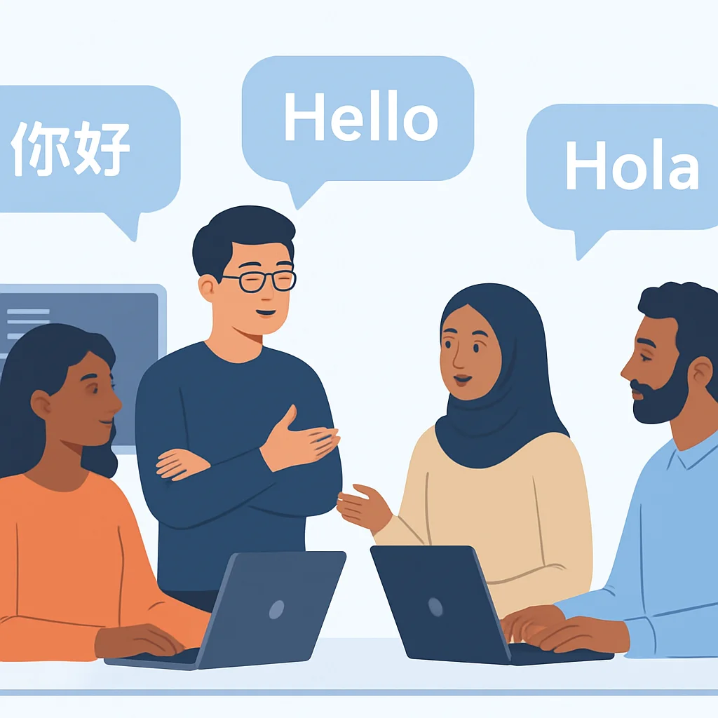 Um grupo diversificado de desenvolvedores colaborando e se comunicando em um ambiente multicultural, com balões de fala em diferentes idiomas.