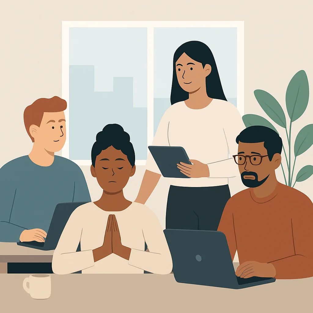 Equipe diversificada de desenvolvedores colaborando calmamente em escritório moderno, incorporando práticas de mindfulness