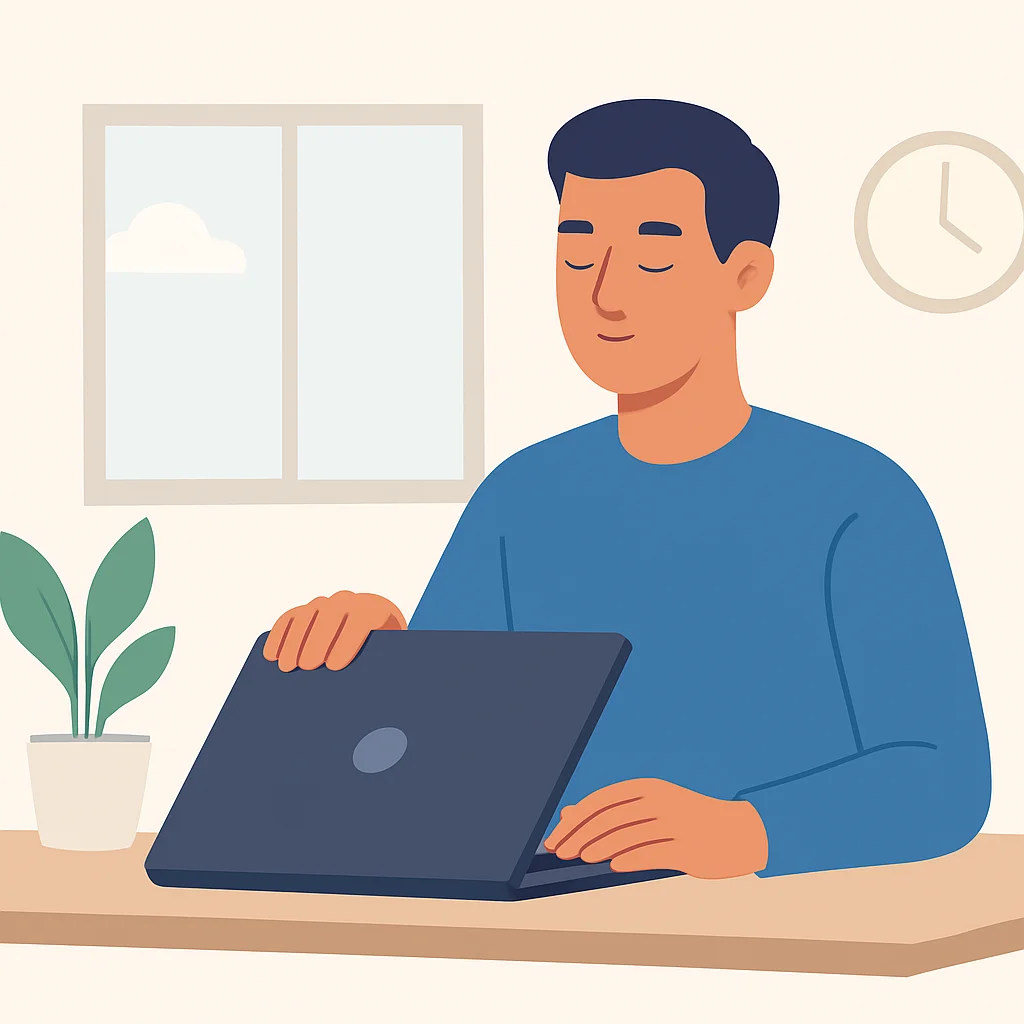 Pessoa fechando o laptop no fim do dia de trabalho, parecendo calma e reflexiva