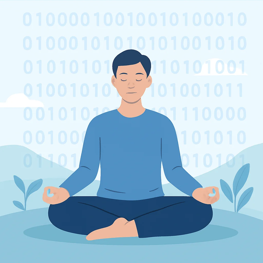 Pessoa meditando calmamente em ambiente sereno com sobreposição de código binário