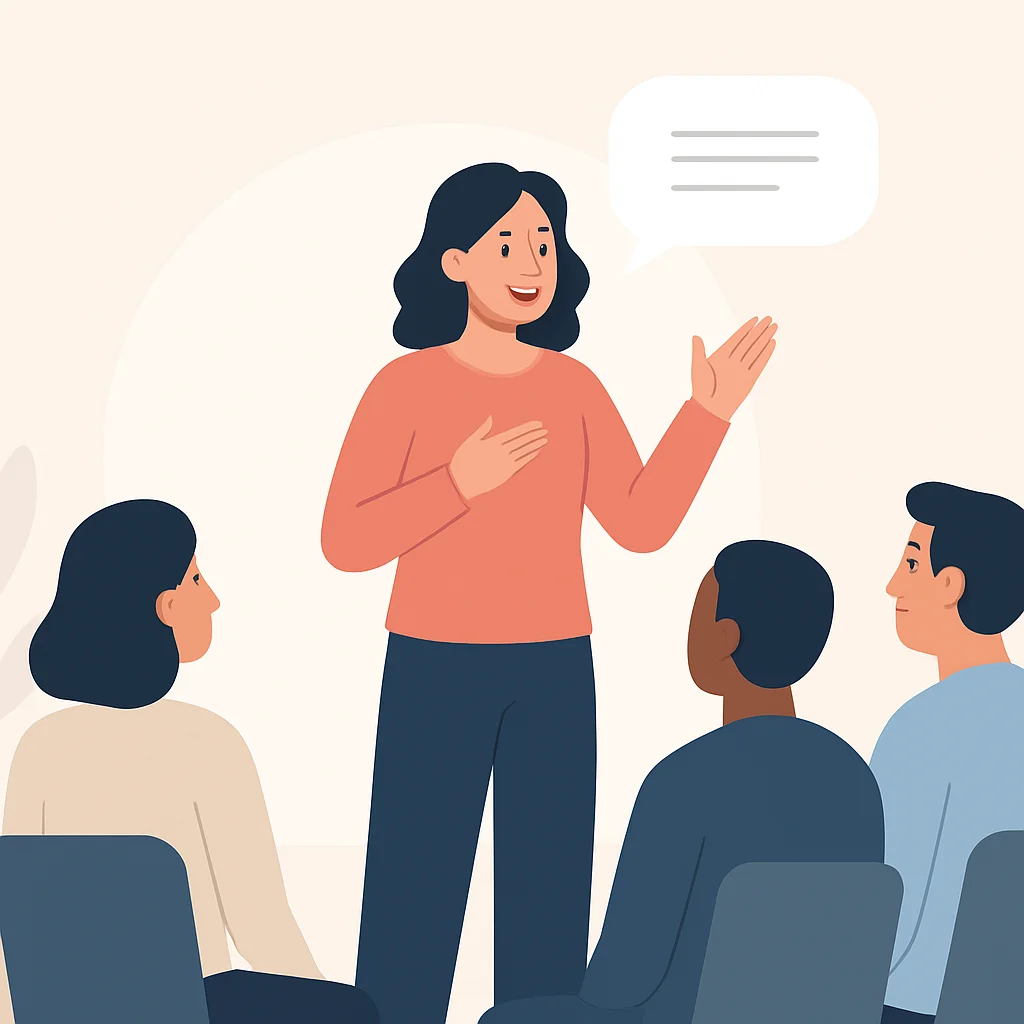 Uma pessoa falando com confiança em um grupo pequeno, superando a timidez na prática de idiomas.