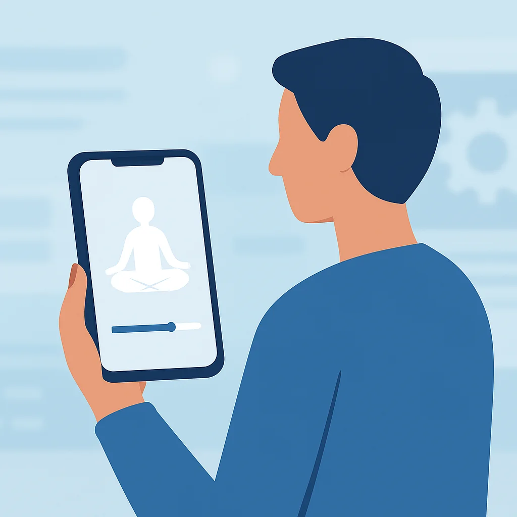Pessoa usando aplicativo de meditação em smartphone, com fundo tecnológico borrado