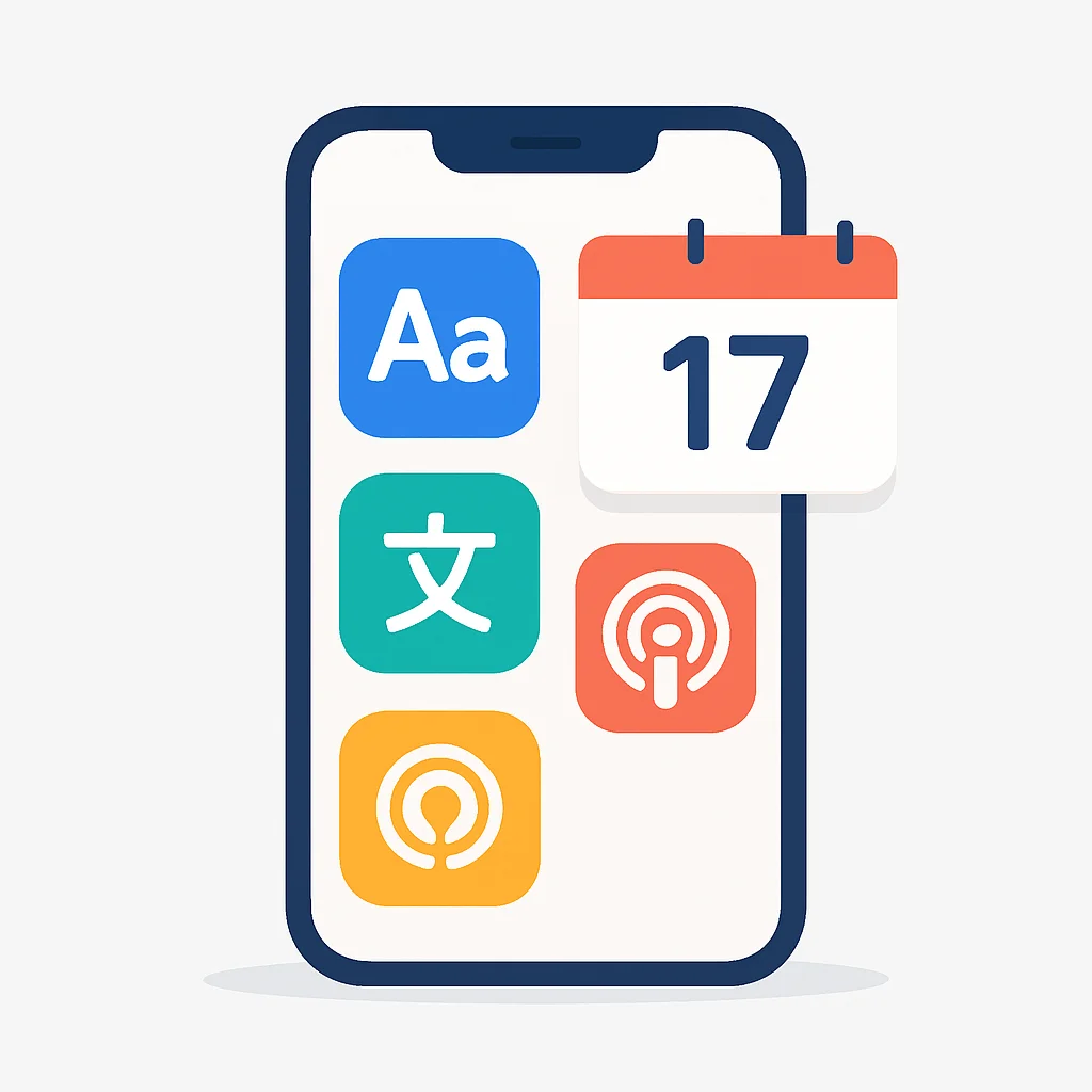 Uma tela de smartphone exibindo aplicativos de aprendizado de idiomas, um ícone de podcast e uma notificação de calendário, representando o uso de tecnologia no estudo.