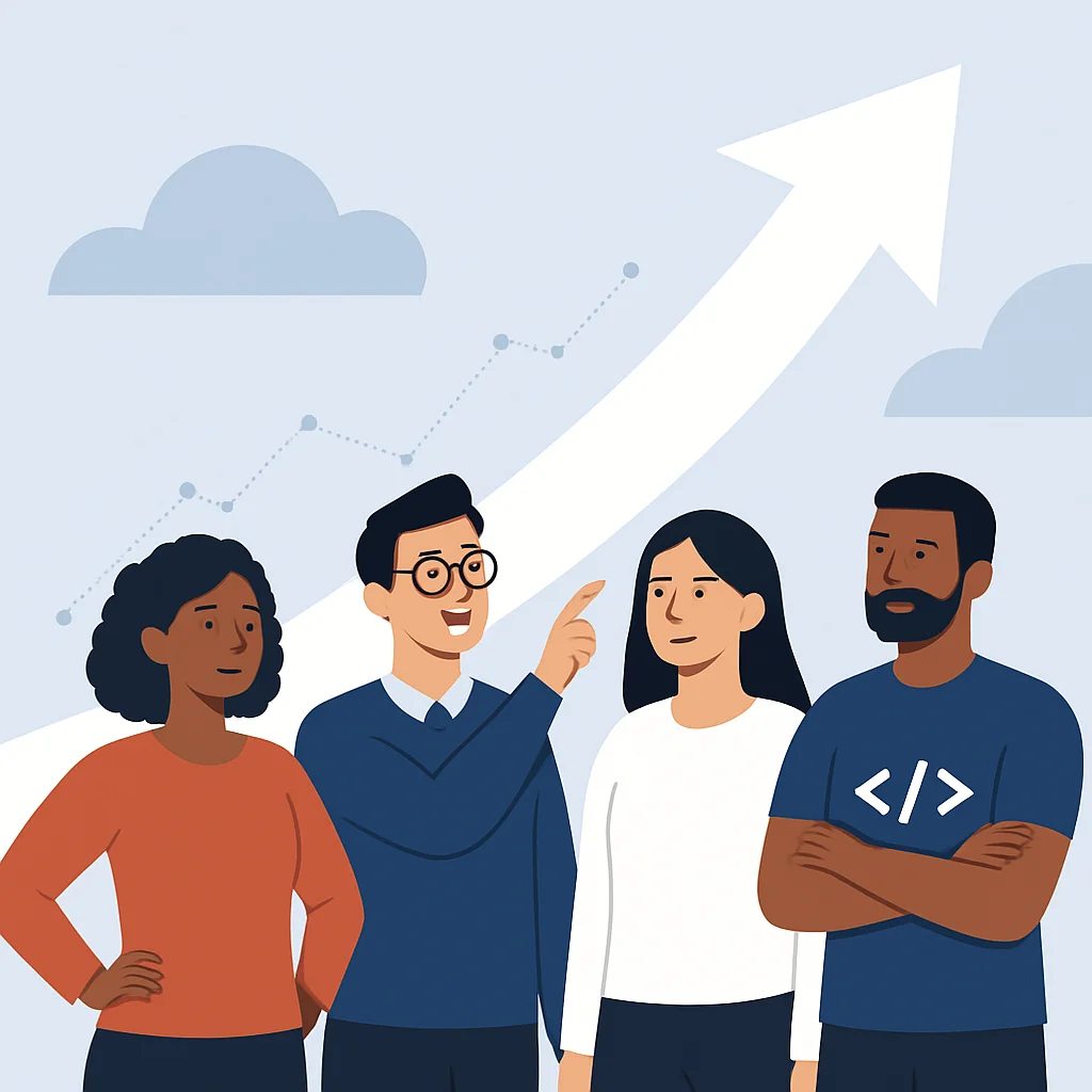 Imagem inspiradora de uma equipe diversa de desenvolvedores olhando para um futuro brilhante, simbolizando sucesso e inovação