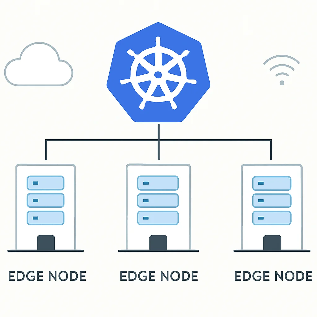 Diagrama arquitetural mostrando a implantação de Kubernetes em nós de borda, ilustrando como contêineres são gerenciados em infraestrutura distribuída
