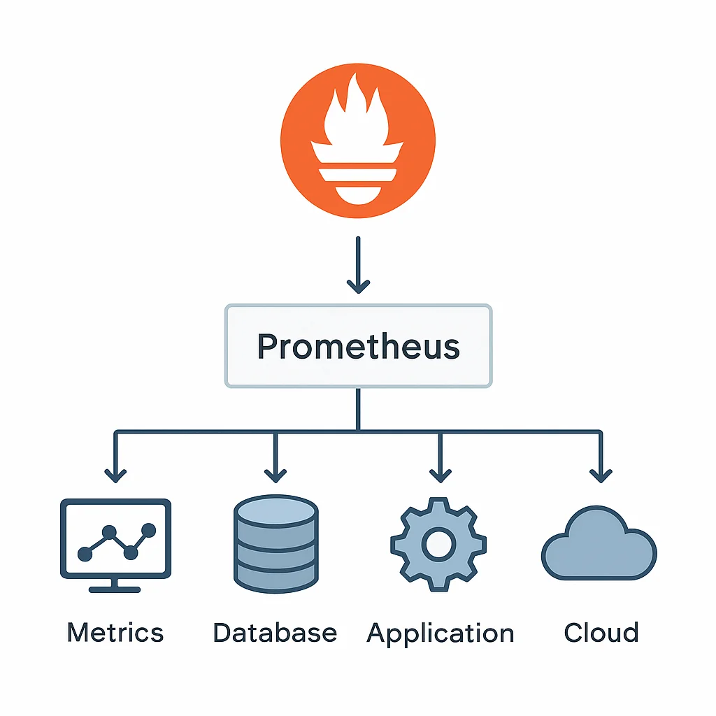 Diagrama de arquitetura do Prometheus coletando métricas de vários exportadores