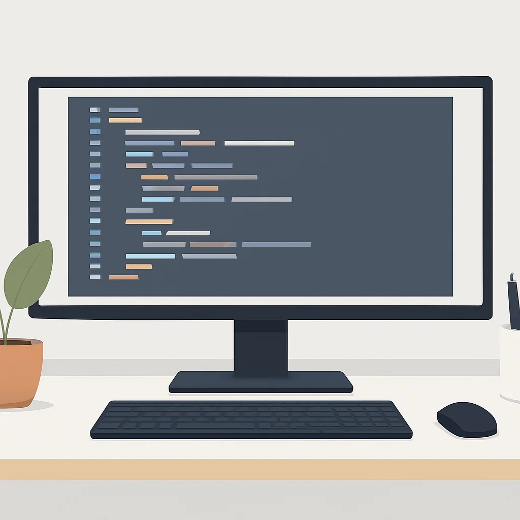 Setup de desenvolvedor limpo com monitor ultrawide e cabos mínimos visíveis