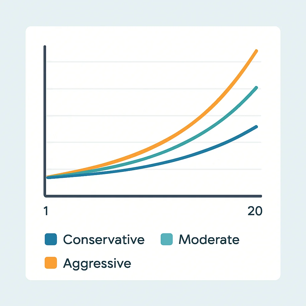 Gráfico comparativo de crescimento de portfólio em 20 anos para estratégias conservadora, moderada e agressiva