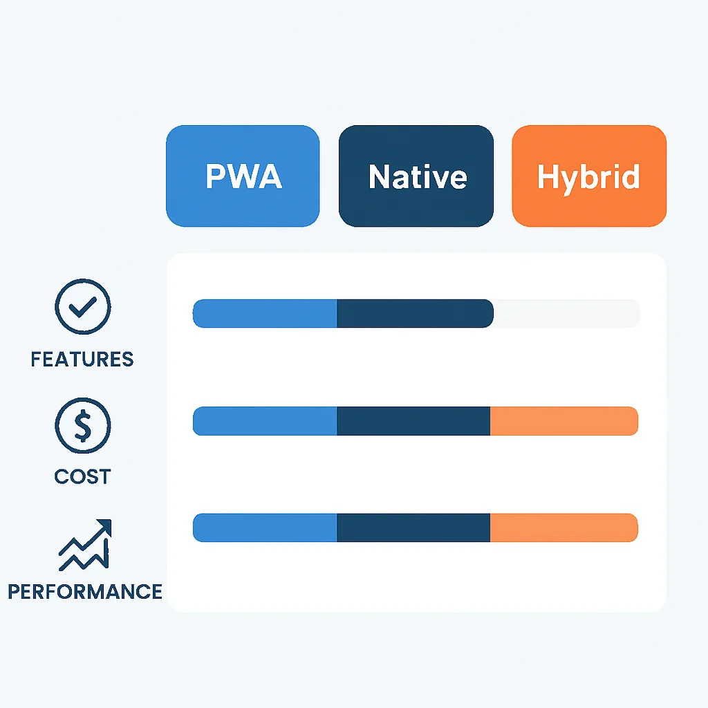 Gráfico comparativo de PWA, aplicativos nativos e híbridos