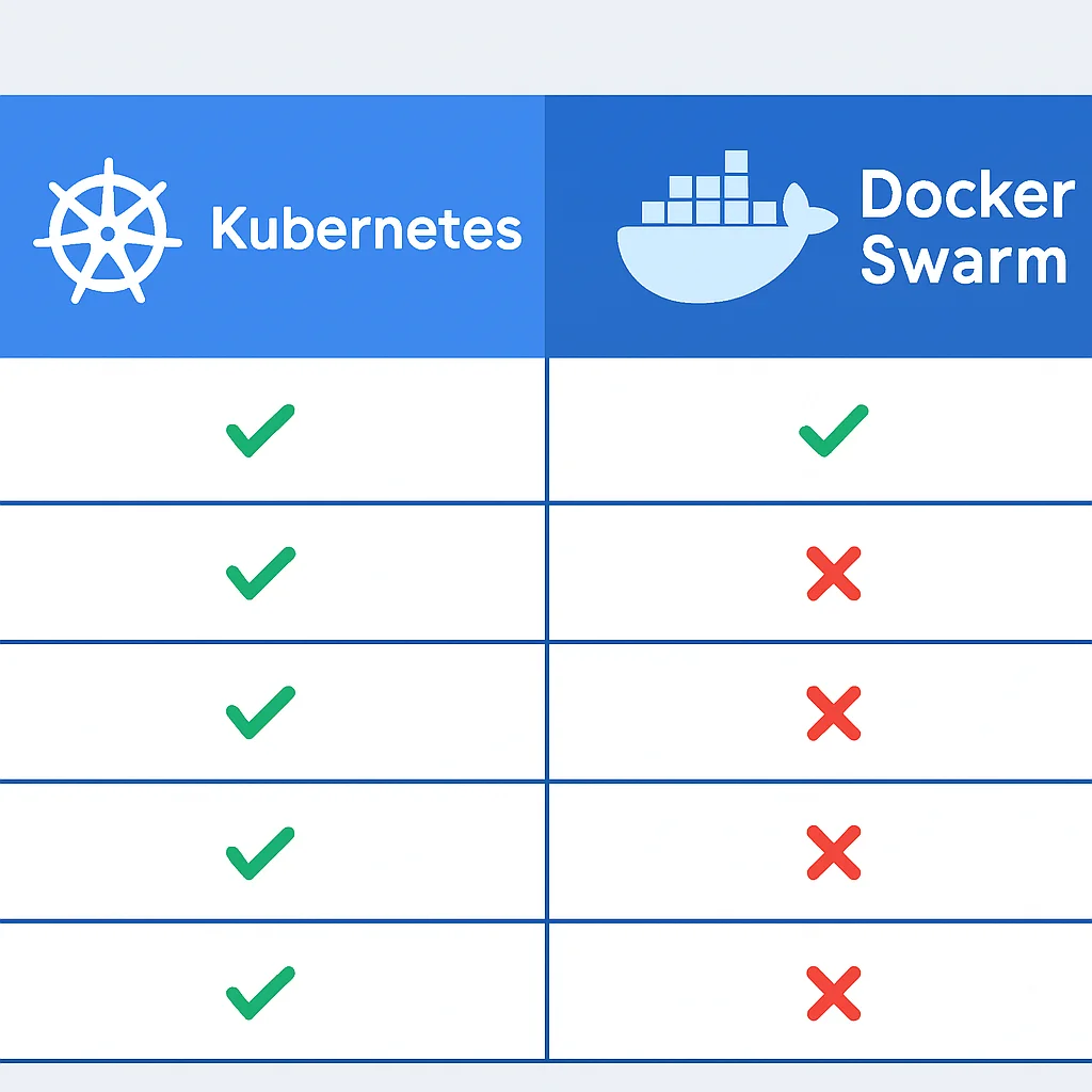 Tabela comparativa de funcionalidades entre Kubernetes e Docker Swarm