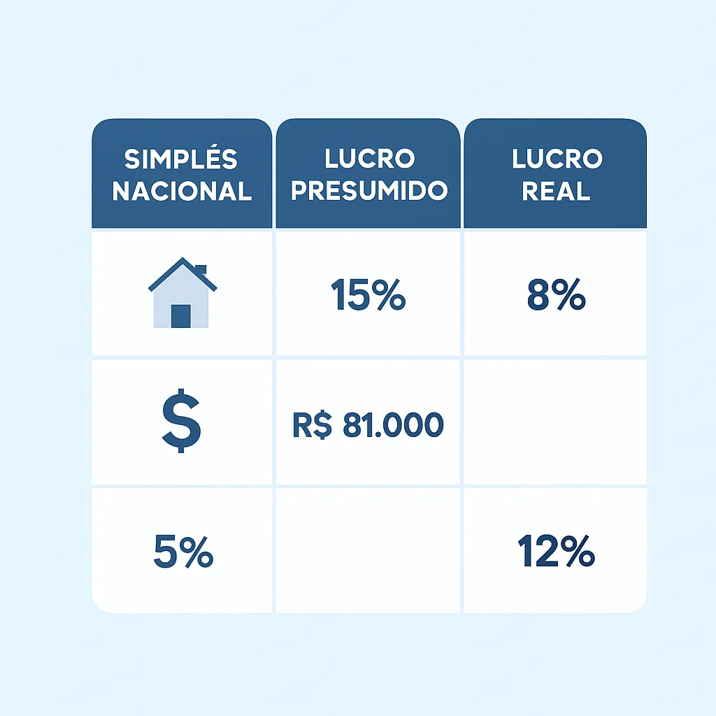 Tabela comparativa de regimes tributários para aluguel por temporada (Simples Nacional, Lucro Presumido, Lucro Real) com diferenças-chave em percentuais e limites