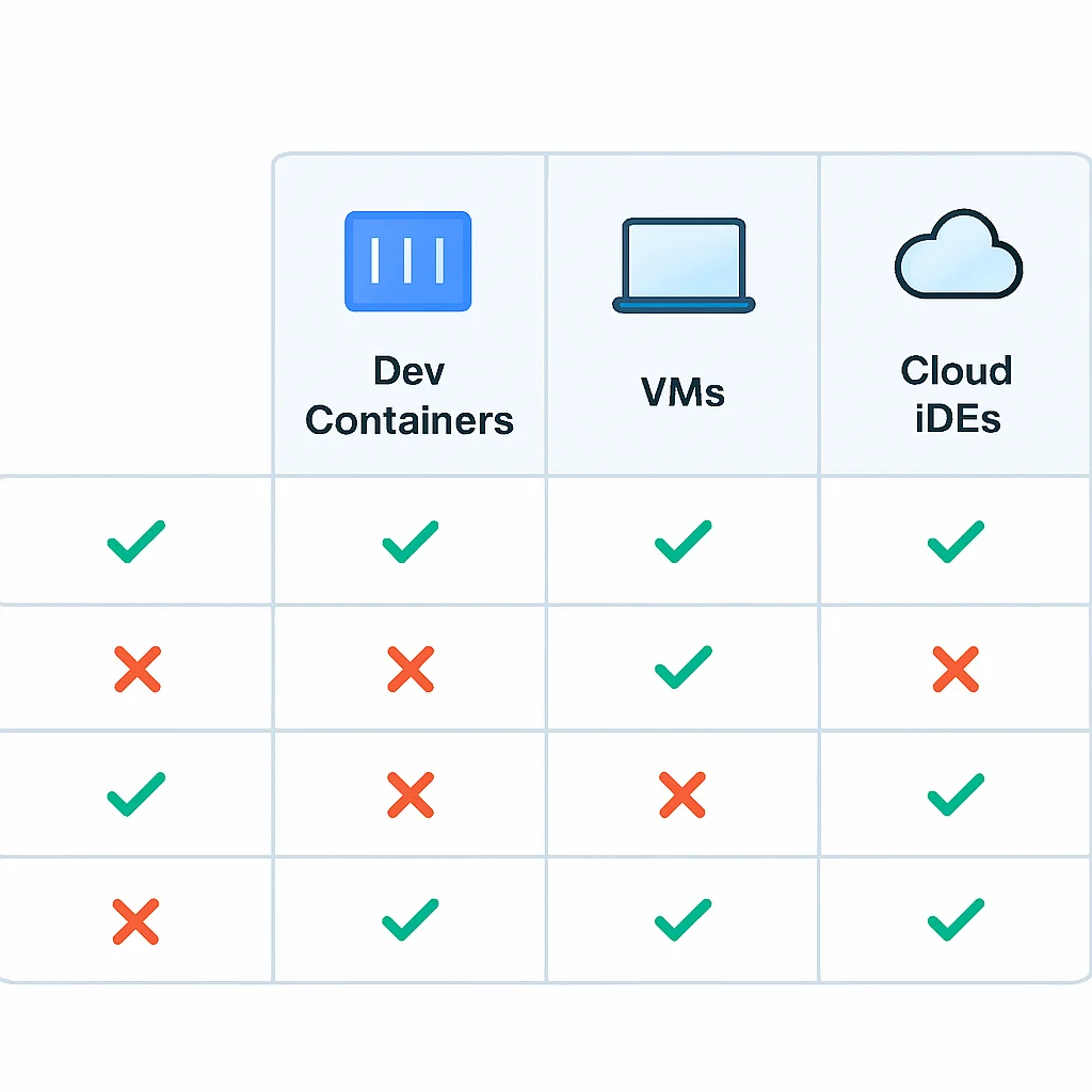 Tabela comparativa de funcionalidades de Dev Containers vs. VMs vs. Setup Local vs. IDEs na Nuvem