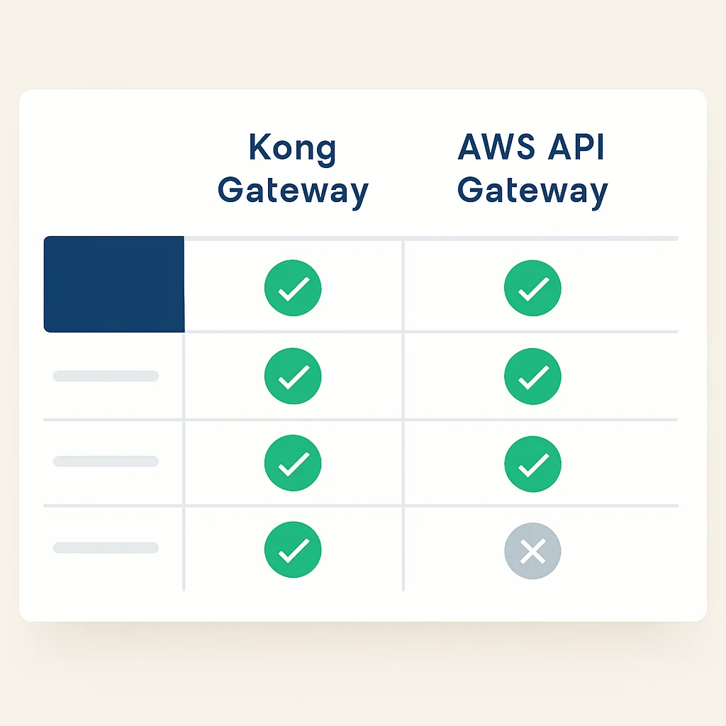 Tabela comparativa de funcionalidades entre Kong Gateway e AWS API Gateway