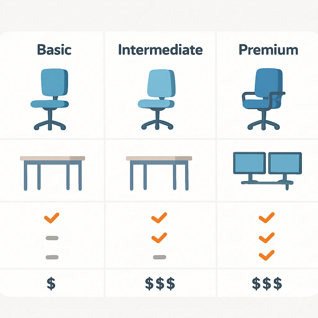 Tabela comparativa mostrando características e faixas de preço para setups ergonômicos básico, intermediário e premium