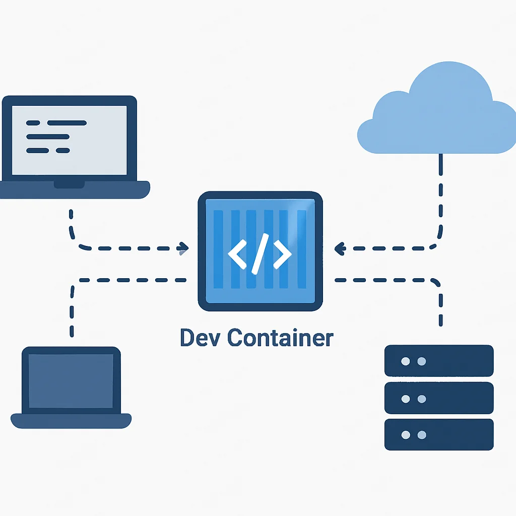 Diagrama conceitual ilustrando o futuro dos ambientes de desenvolvimento, com Dev Containers no centro dos fluxos de trabalho locais e na nuvem