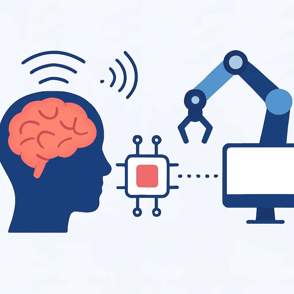 Diagrama conceitual de uma Interface Cérebro-Computador mostrando sinais cerebrais sendo capturados, processados e usados para controlar um dispositivo externo
