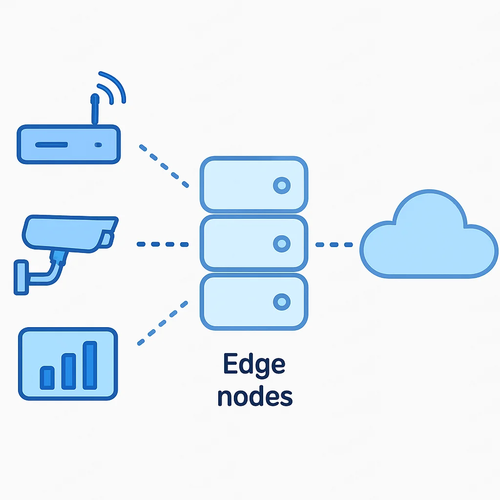 Diagrama conceitual de Edge Computing mostrando fontes de dados, nós de borda e integração com a nuvem