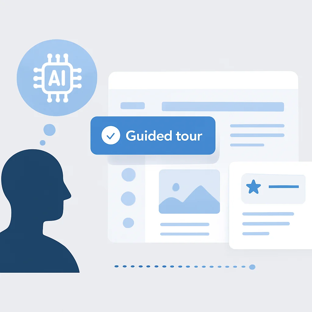 Ilustração conceitual da hiperpersonalização impulsionada por IA na interface de um produto digital, com conteúdo dinâmico e tours guiados adaptados às necessidades e progresso de cada usuário.