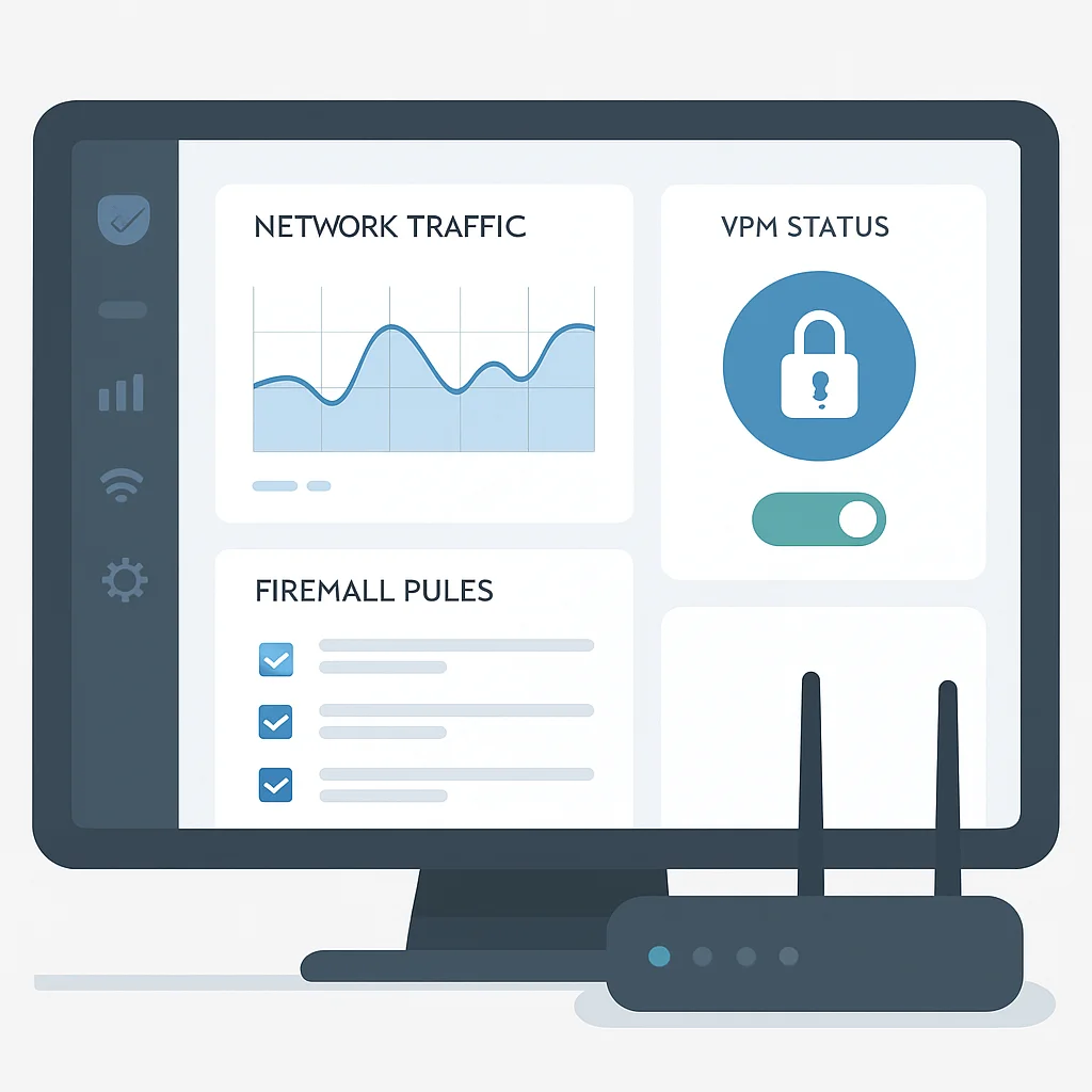 Painel de cibersegurança exibindo tráfego de rede, status VPN e regras de firewall em uma interface de roteador