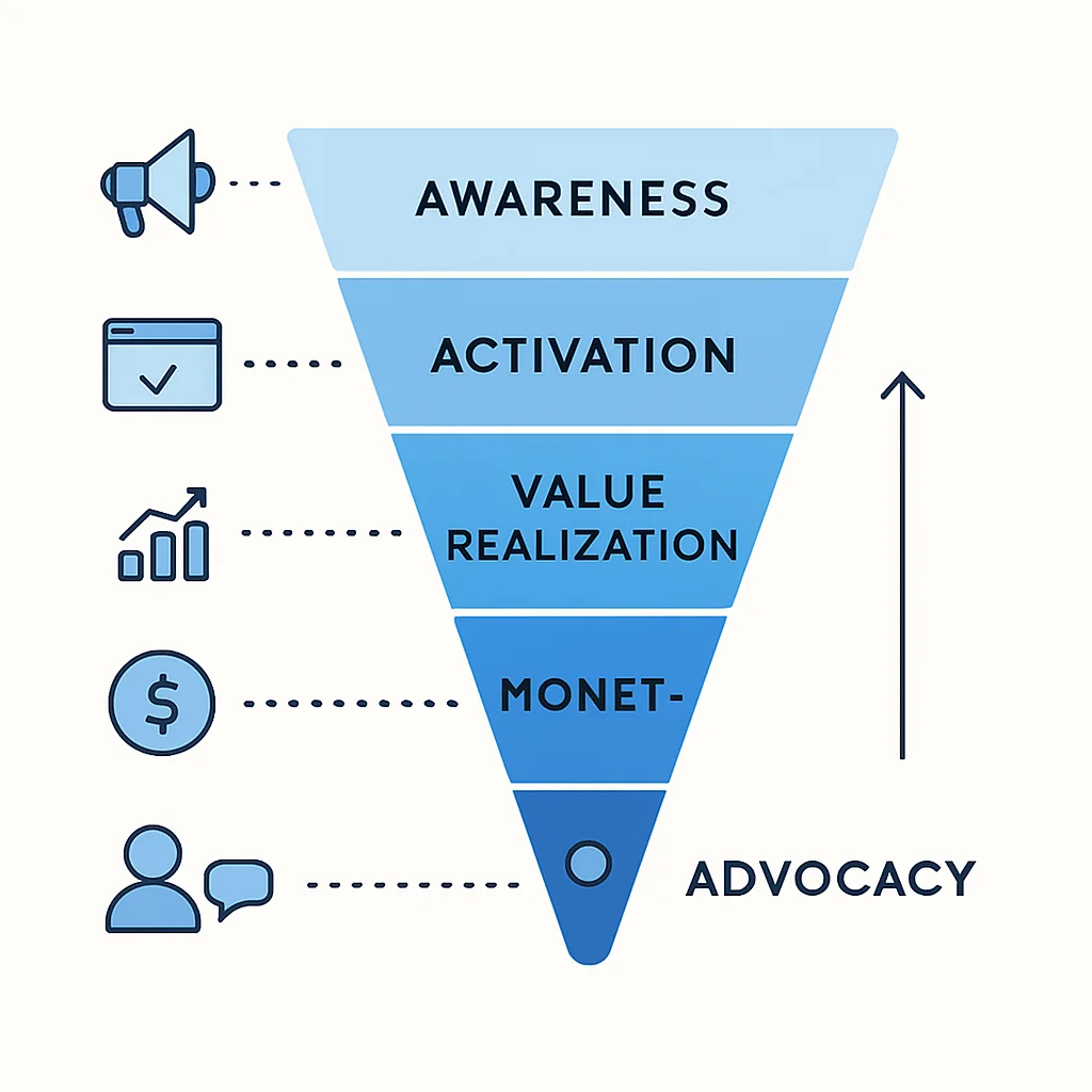 Funil de Product-Led Growth detalhado, mostrando as etapas da jornada do usuário, desde a descoberta até a monetização e advocacy, com métricas chave para cada fase.