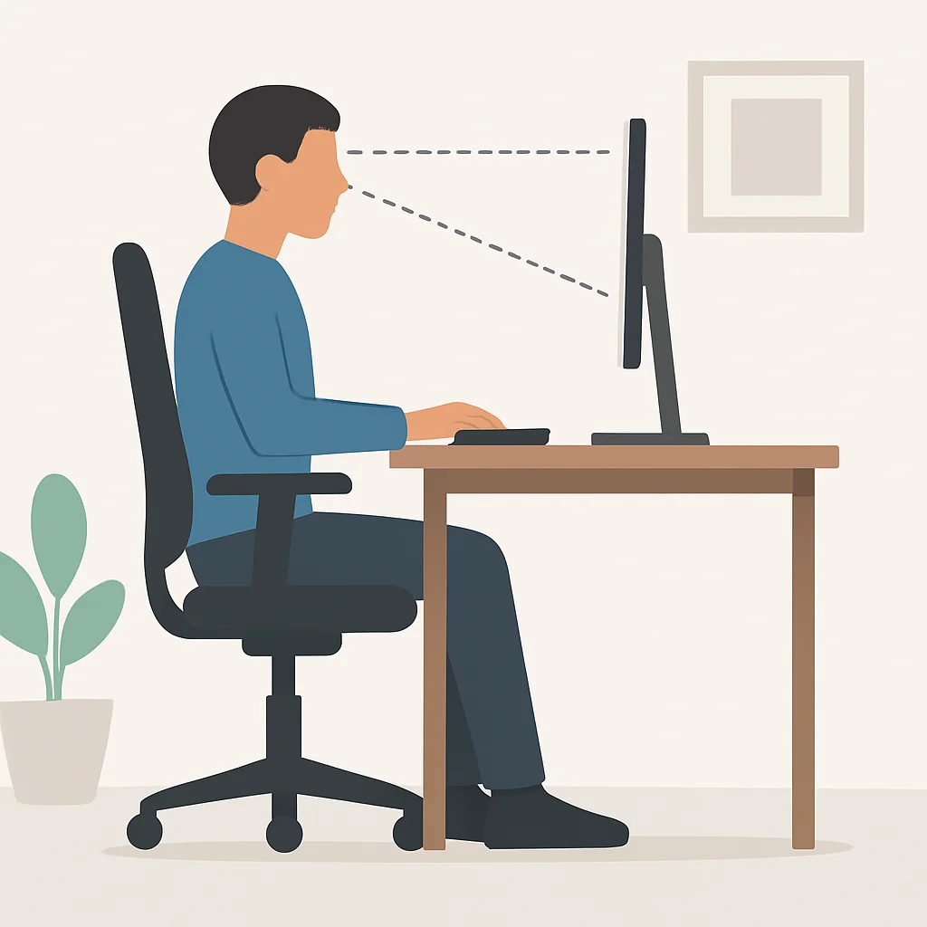 Diagrama detalhado de um setup ergonômico de home office, incluindo posições de cadeira, mesa, monitor, teclado e mouse