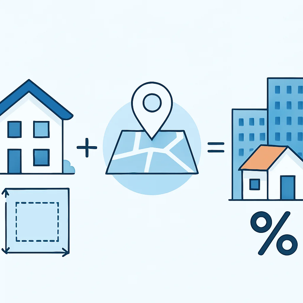 Infográfico detalhado mostrando fatores de cálculo do IPTU como tamanho da propriedade, localização e tipo, com diferentes taxas de imposto
