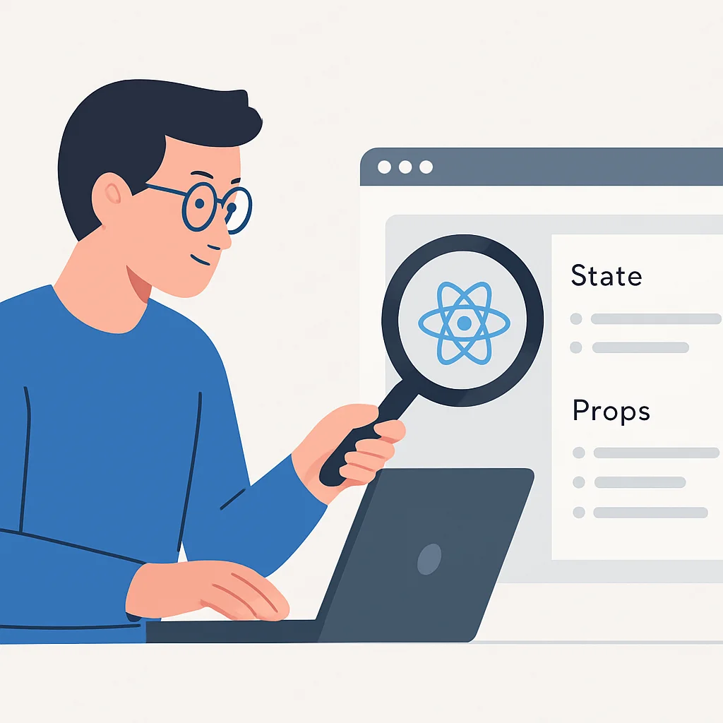 Desenvolvedor inspecionando componentes React nas ferramentas de desenvolvedor do navegador com estado e propriedades