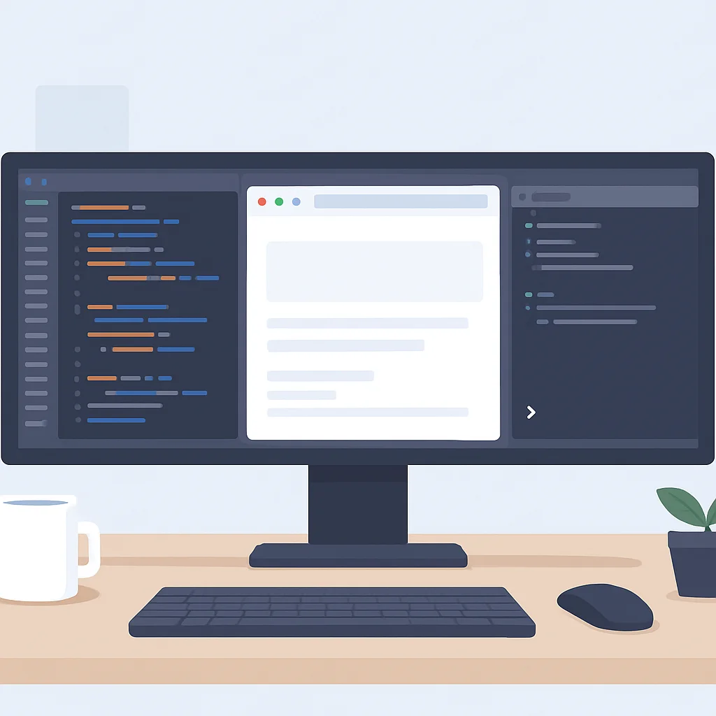 Mesa de desenvolvedor com monitor ultrawide exibindo IDE, navegador e terminal lado a lado