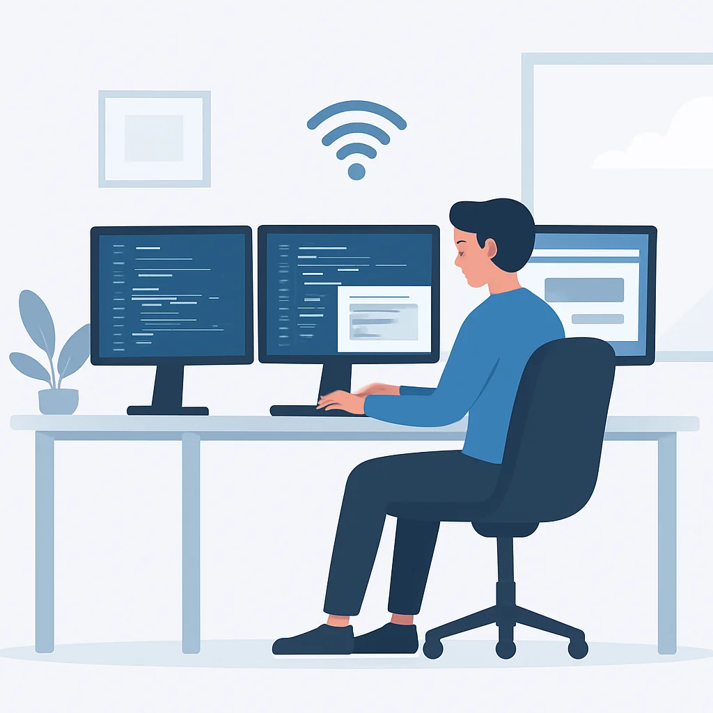 Desenvolvedor trabalhando eficientemente em um home office moderno com múltiplos monitores e conexão Wi-Fi perfeita