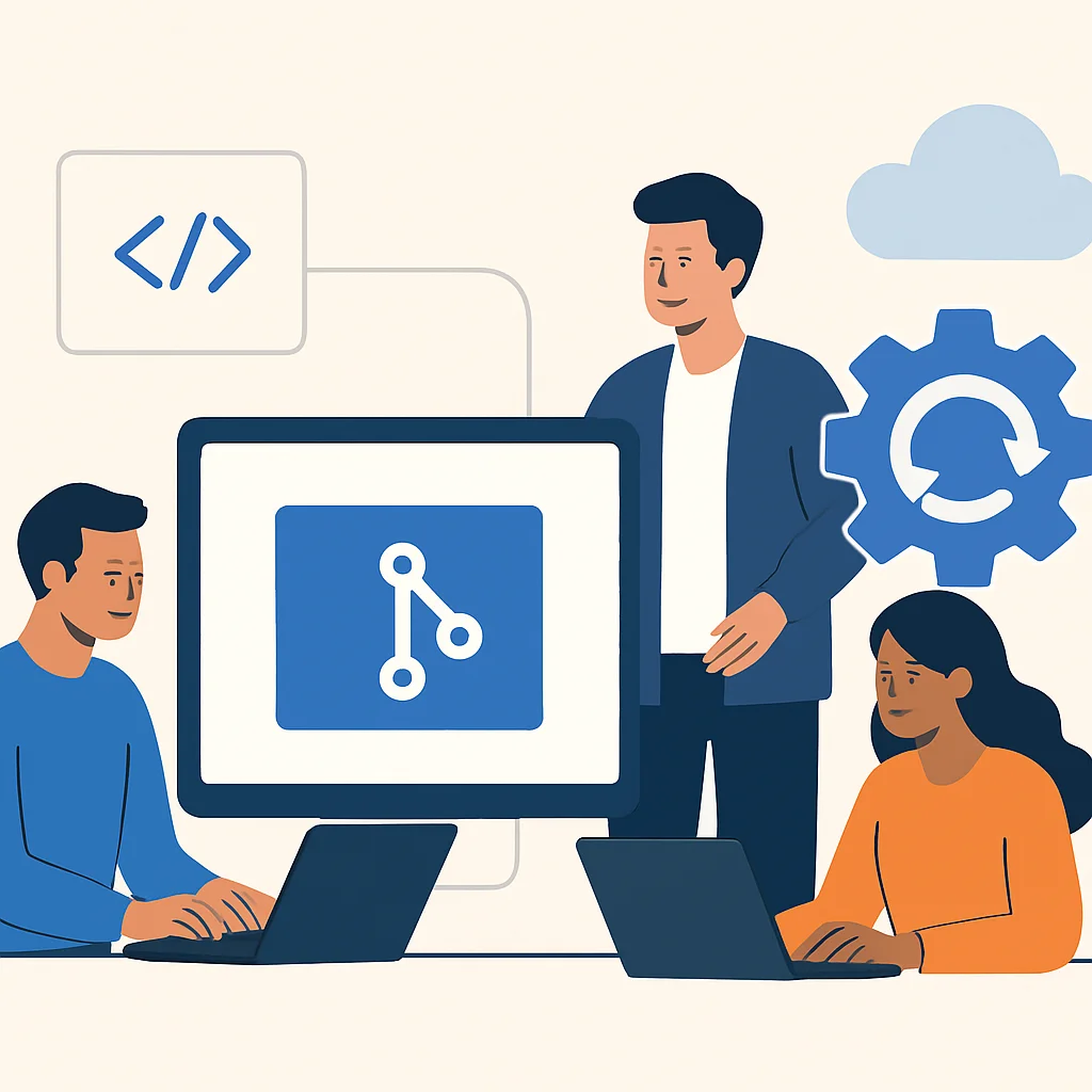 Equipe DevOps colaborando em repositório Git para implantação GitOps