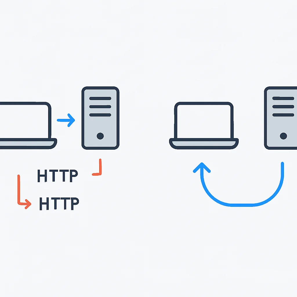 Diagrama comparando o modelo de requisição/resposta HTTP com o modelo de conexão persistente WebSocket