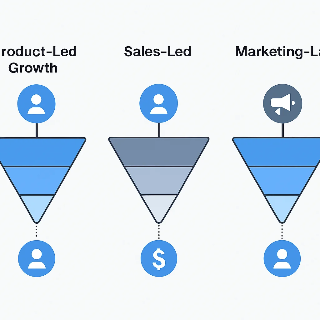 Diagrama comparativo de funis de crescimento: Product-Led (PLG), Sales-Led e Marketing-Led.