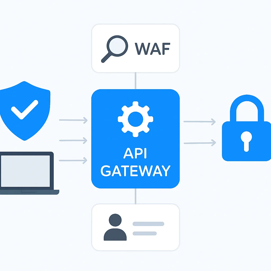 Diagrama de camadas de segurança do API Gateway: WAF, autenticação e TLS