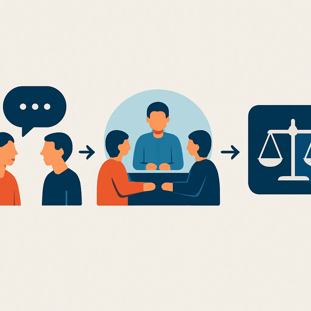 Diagrama de resolução de conflitos, mostrando comunicação, mediação e ação legal.