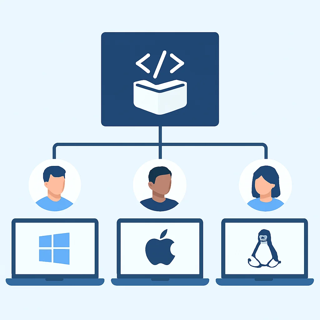 Diagrama ilustrando o conceito de Dev Containers oferecendo um ambiente de desenvolvimento consistente para membros da equipe em diferentes sistemas operacionais locais