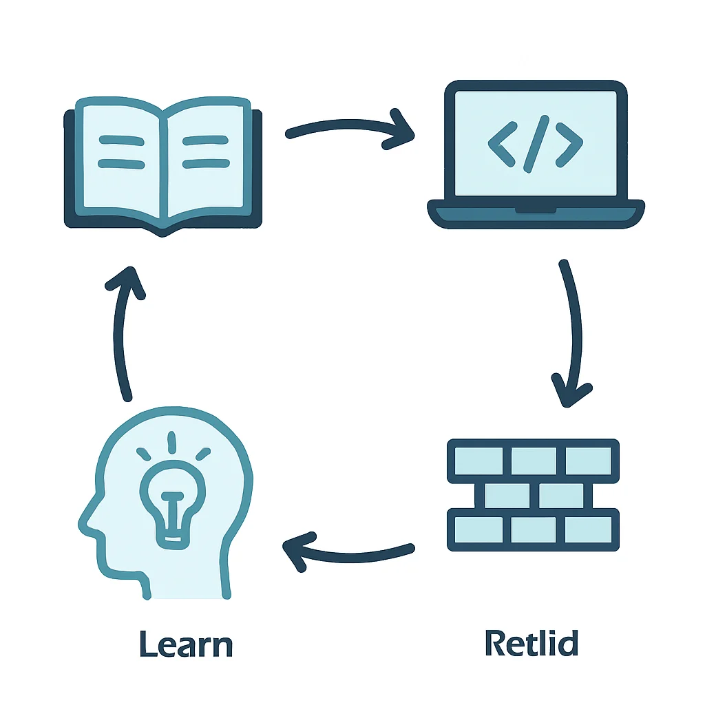 Diagrama ilustrando o ciclo de aprendizado: Aprender -> Praticar -> Construir -> Refletir -> Repetir” width=”800″ height=”450″ loading=”lazy” decoding=”async” style=”width: 100%; height: auto; border: 1px solid #e9ecef;”></p><hr style=