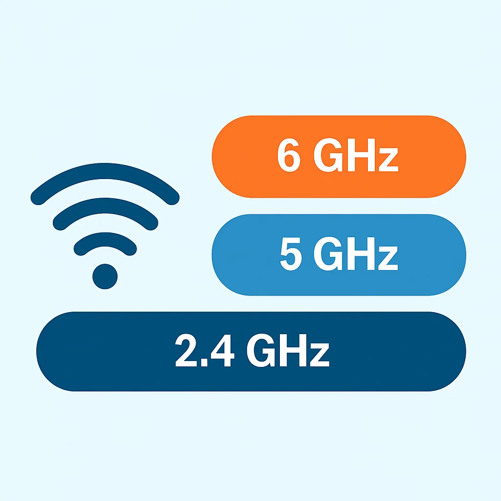 Diagrama comparativo do uso do espectro Wi-Fi 6E vs Wi-Fi 5, destacando a banda de 6GHz