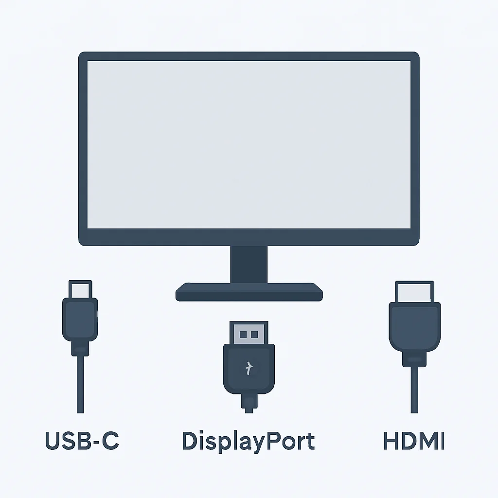 Diagrama de conectividade do monitor com conexões USB-C, DisplayPort e HDMI