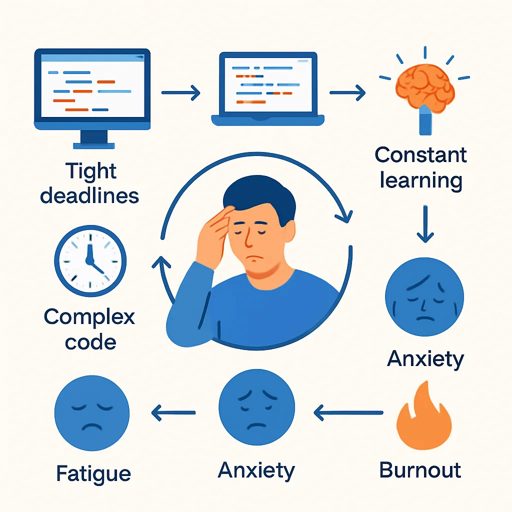 Diagrama do ciclo de estresse levando ao burnout em profissionais de tecnologia, mostrando fatores como prazos apertados, código complexo, aprendizado constante, levando a fadiga, ansiedade e eventualmente burnout