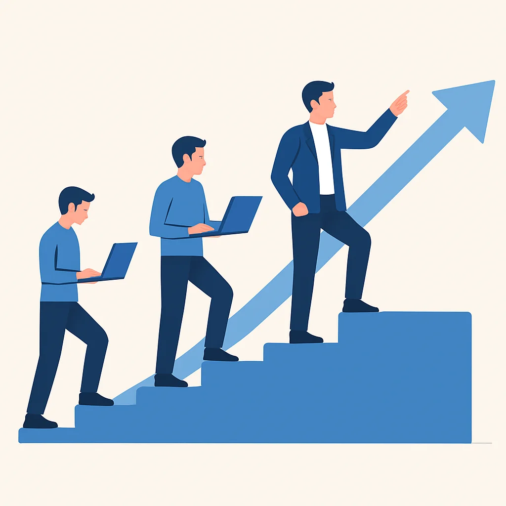 Diagrama de progressão de carreira de desenvolvedor júnior a líder técnico, destacando influência e responsabilidade crescentes