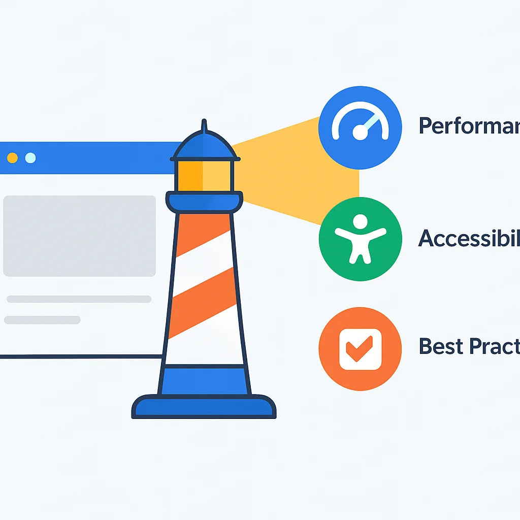 Diagrama mostrando como o Lighthouse audita um site para desempenho, acessibilidade e melhores práticas
