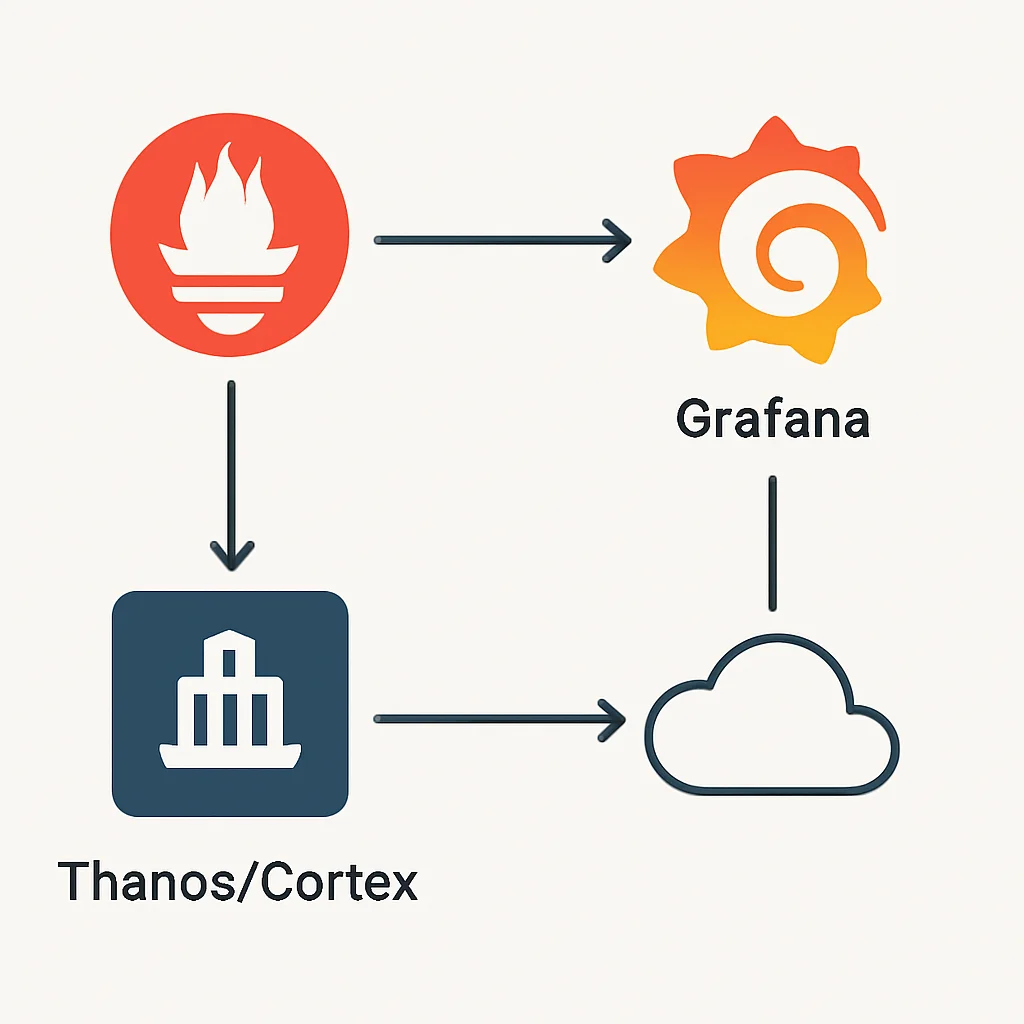 Diagrama mostrando a integração de Prometheus e Grafana com Thanos/Cortex para armazenamento de longo prazo