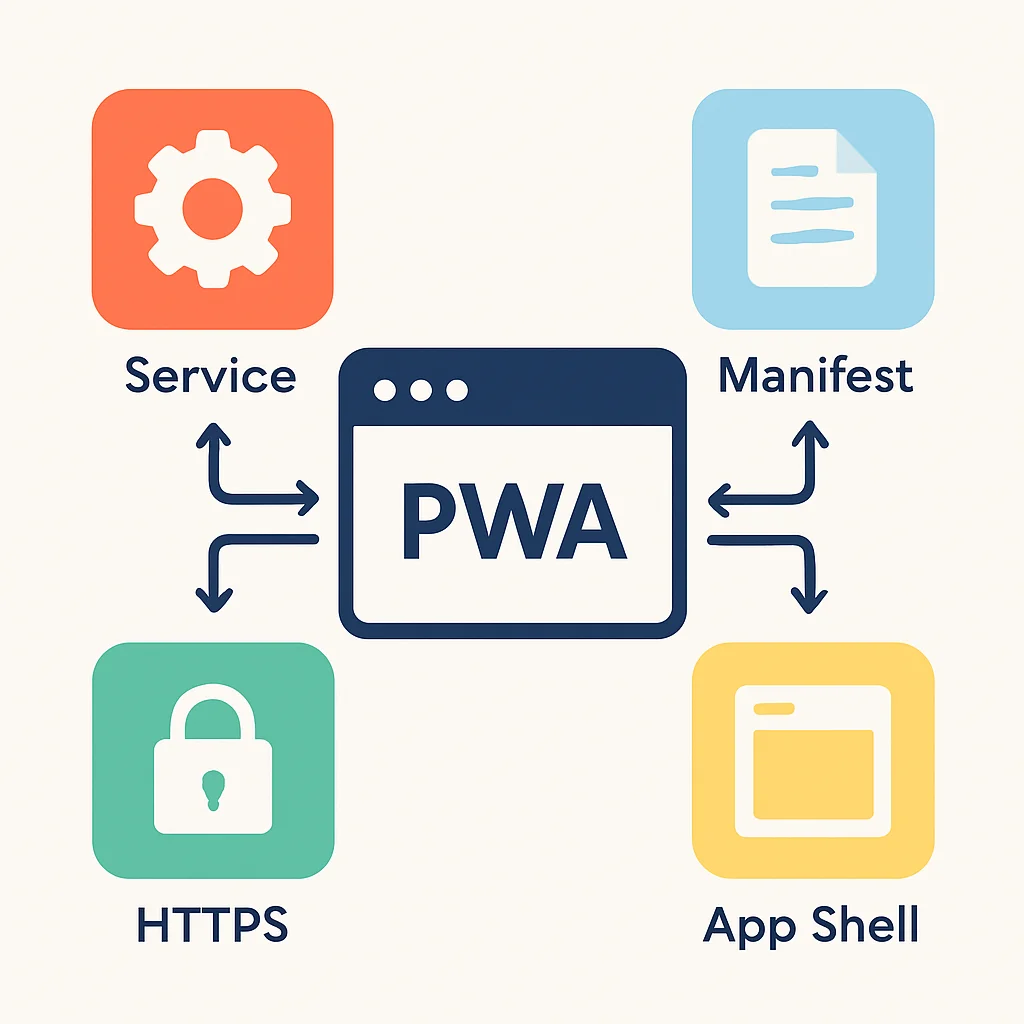 Diagrama de componentes essenciais de um PWA e sua interação