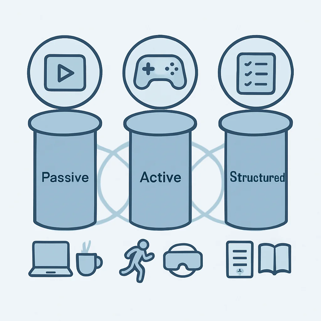 Diagrama dos três pilares da imersão (Passiva, Ativa, Estruturada) interconectados, com exemplos de atividades.