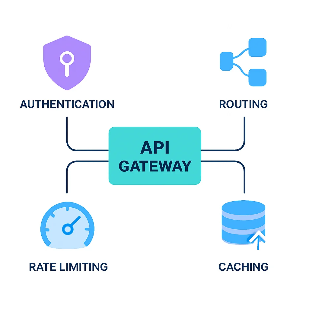 Diagrama ilustrando as funcionalidades de um API Gateway: autenticação, roteamento, limitação de taxa e cache