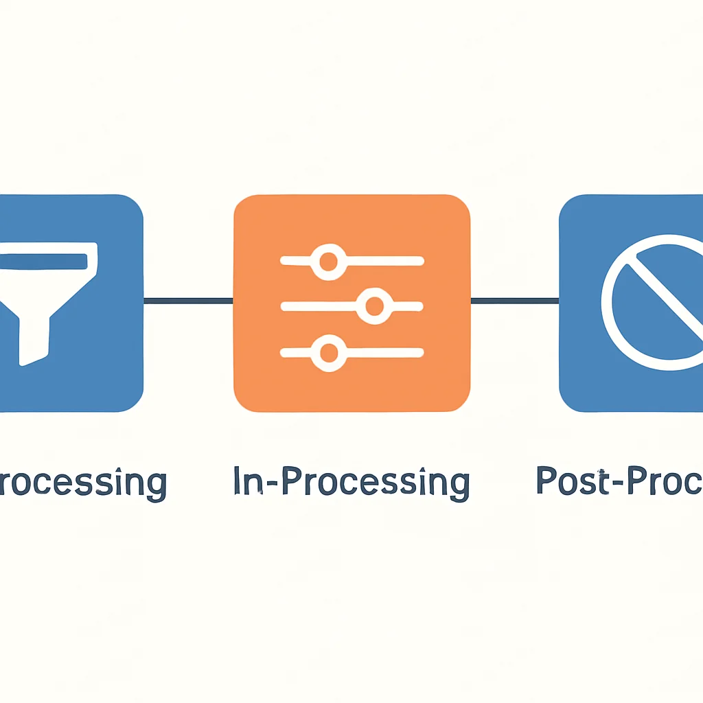Fluxograma mostrando técnicas de mitigação de viés de pré-processamento, in-processing e pós-processamento